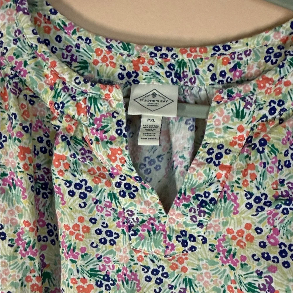St. John's Bay Floral Short Sleeve Blouse - White, Blue, Pink, Green - Picture 3 of 7